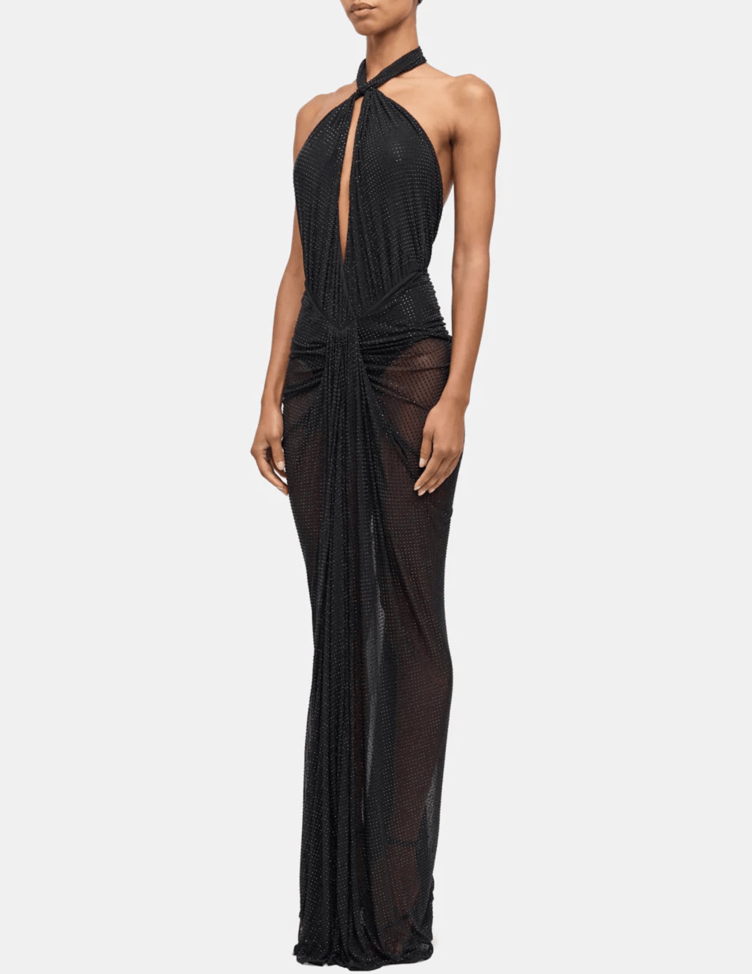 Ronny Kobo Katia Rhinestone Maxi Dress in Black with Halter Neck and Keyhole Detail