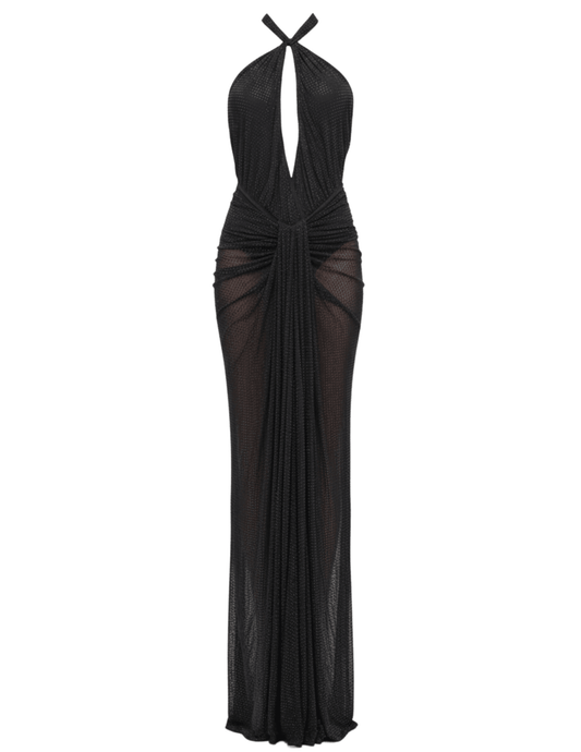 Ronny Kobo Katia Rhinestone Maxi Dress in Black with Halter Neck and Keyhole Detail
