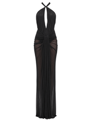 Ronny Kobo Katia Rhinestone Maxi Dress in Black with Halter Neck and Keyhole Detail