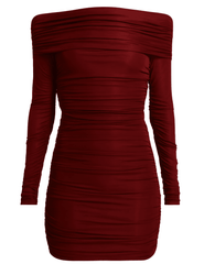 Ronny Kobo Kya Long Sleeve Mini Dress in port red with ruched detailing