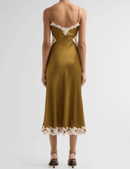 Back view of Ronny Kobo Lalita Midi Dress in Ochre showcasing adjustable straps and a fluid silk silhouette.