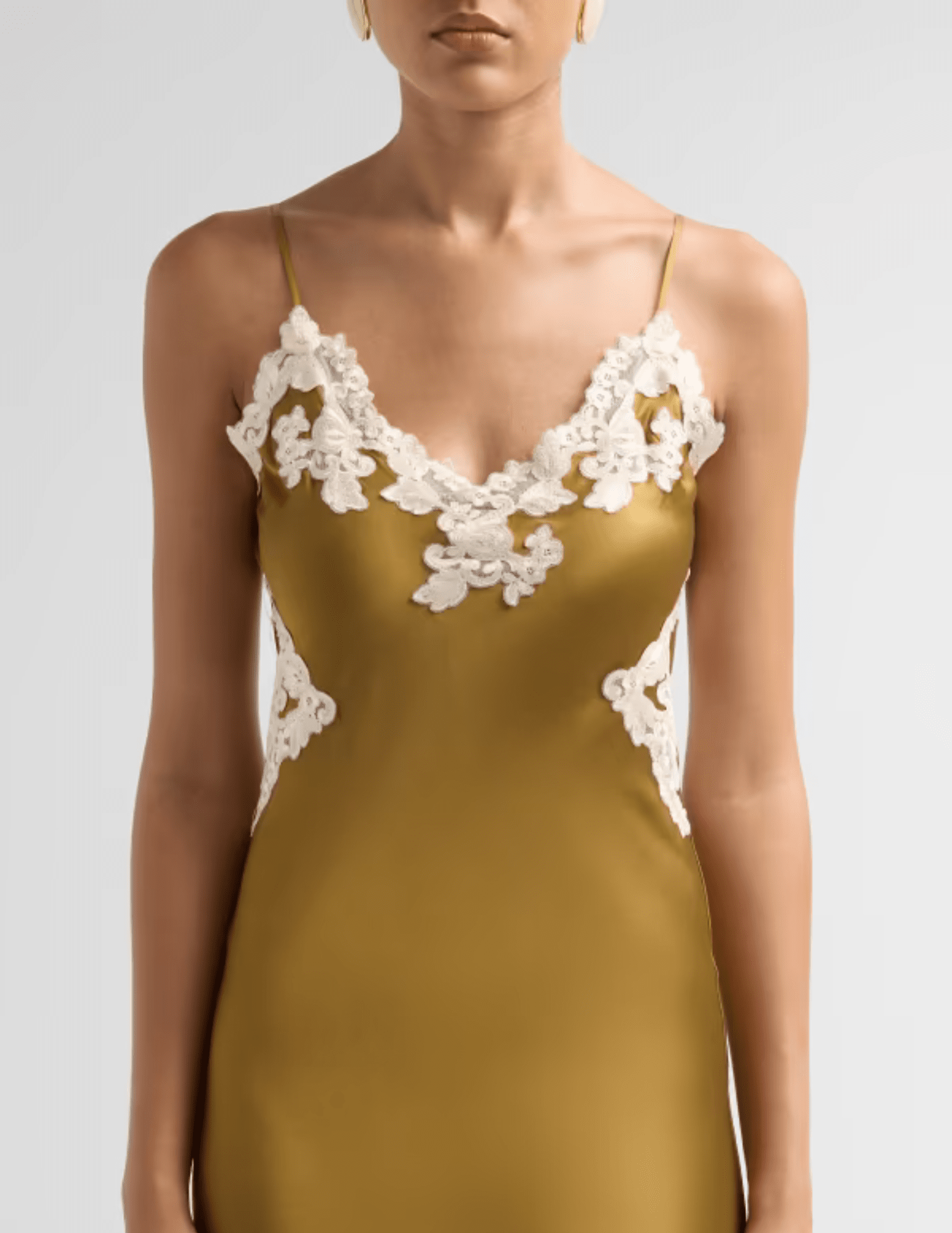 Close-up of Ronny Kobo Lalita Dress featuring intricate ivory floral lace along the V-neckline.