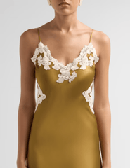 Close-up of Ronny Kobo Lalita Dress featuring intricate ivory floral lace along the V-neckline.