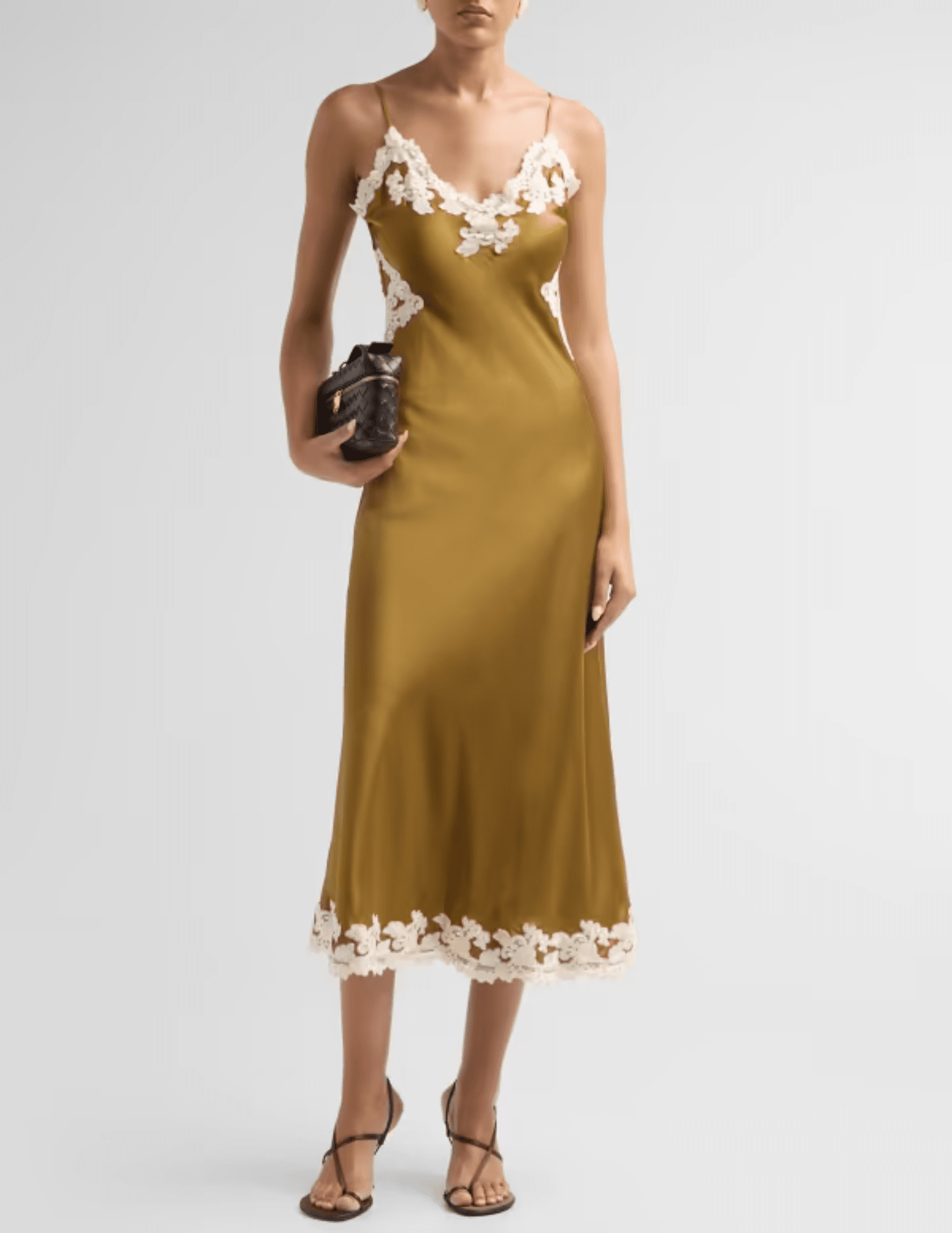 Front view of Ronny Kobo Lalita silk midi dress in golden ochre with delicate ivory lace detailing.