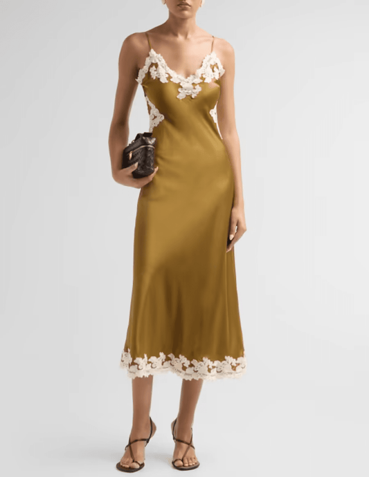 Front view of Ronny Kobo Lalita silk midi dress in golden ochre with delicate ivory lace detailing.