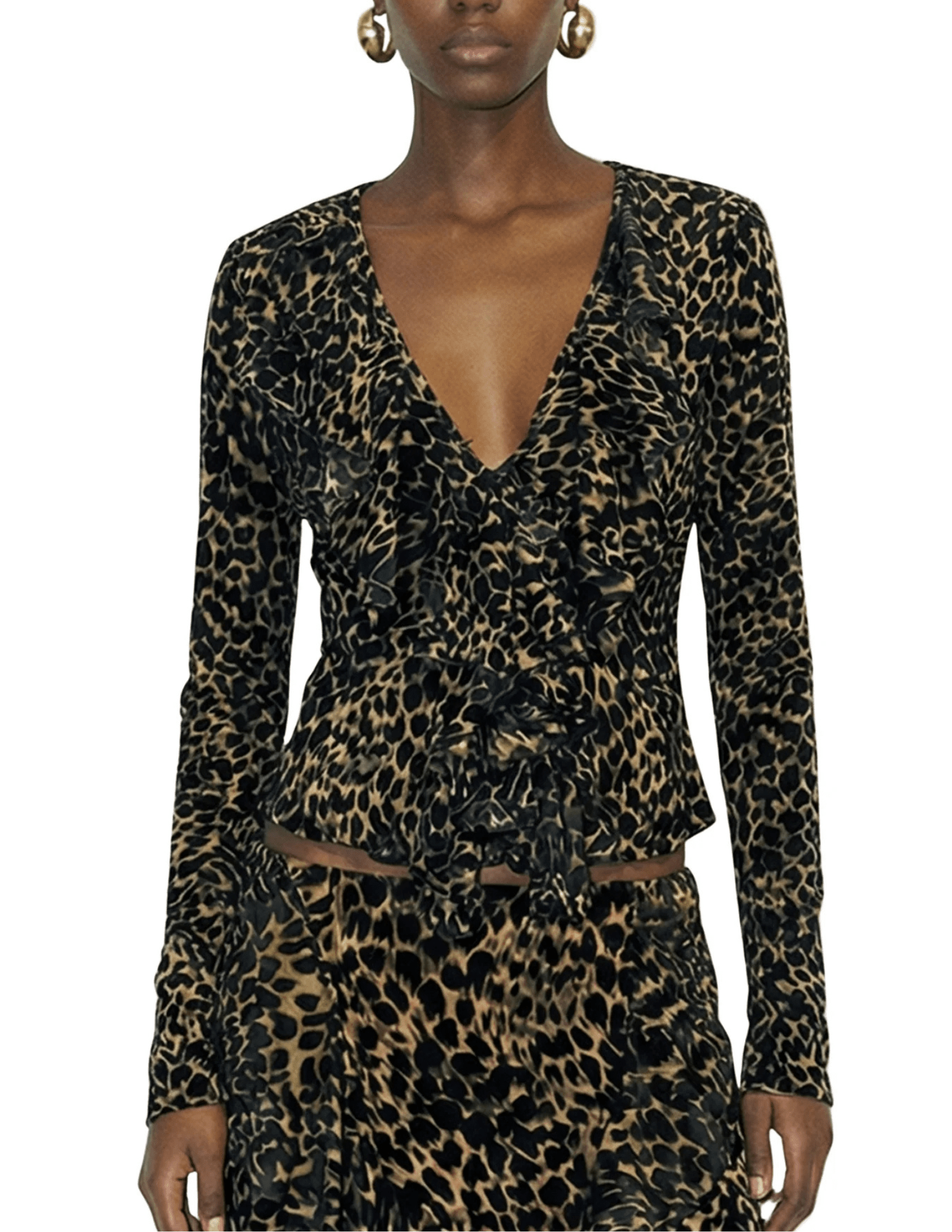 Front view of Ronny Kobo Marian leopard print velvet blouse with feminine ruffle detailing.
