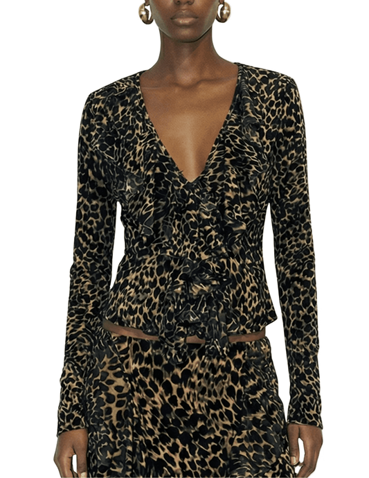 Front view of Ronny Kobo Marian leopard print velvet blouse with feminine ruffle detailing.