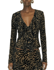 Front view of Ronny Kobo Marian leopard print velvet blouse with feminine ruffle detailing.