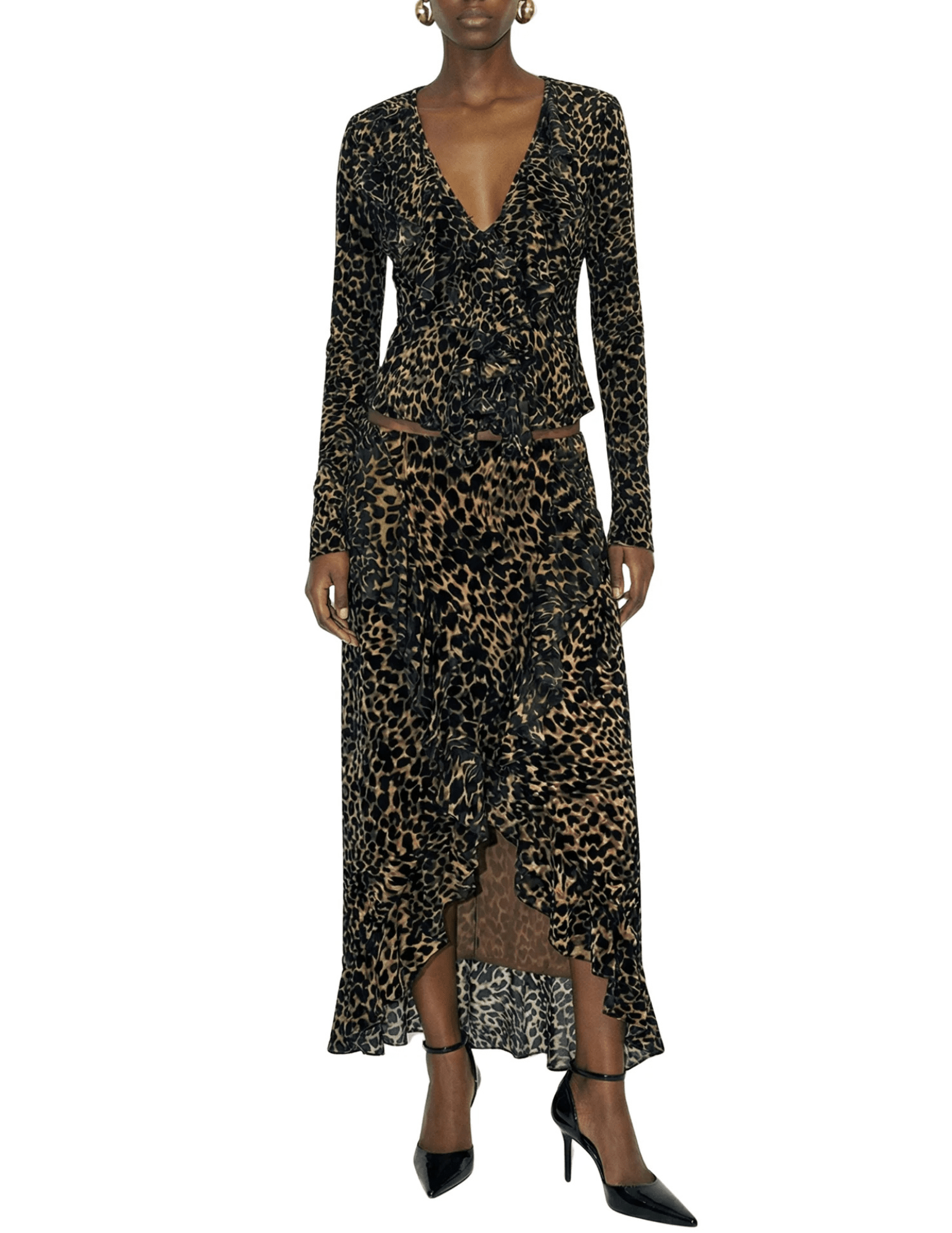Ronny Kobo Marian leopard velvet top styled with a coordinating leopard print skirt for an elegant evening outfit.