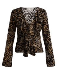 Ronny Kobo Marian Velvet Ruffle Top in Leopard featuring long sleeves, a V-neckline and burnout velvet fabric.