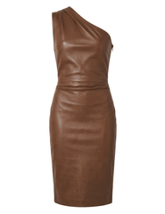 Ronny Kobo Pelle One Shoulder Dress in Saddle brown vegan leather with a fitted knee-length silhouette.