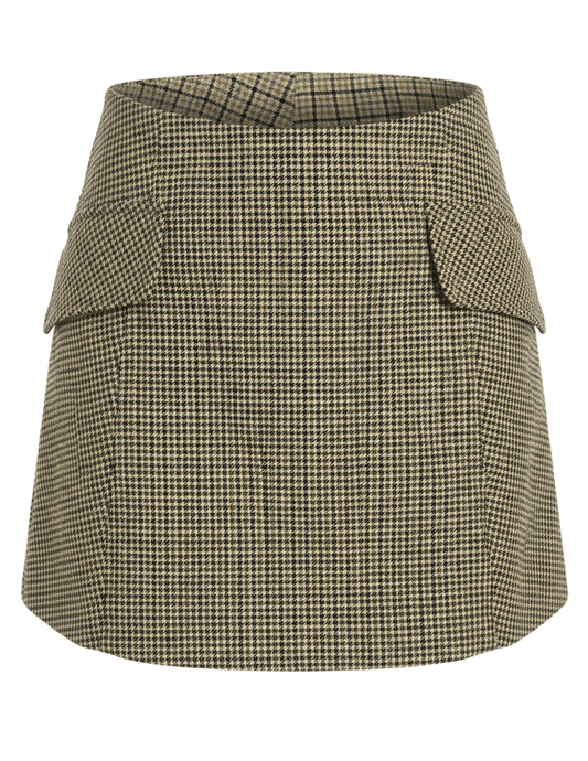 Ronny Kobo Renelle Mini Skirt in Brown Multi featuring textured plaid fabric, a high-rise waist and flap pockets.