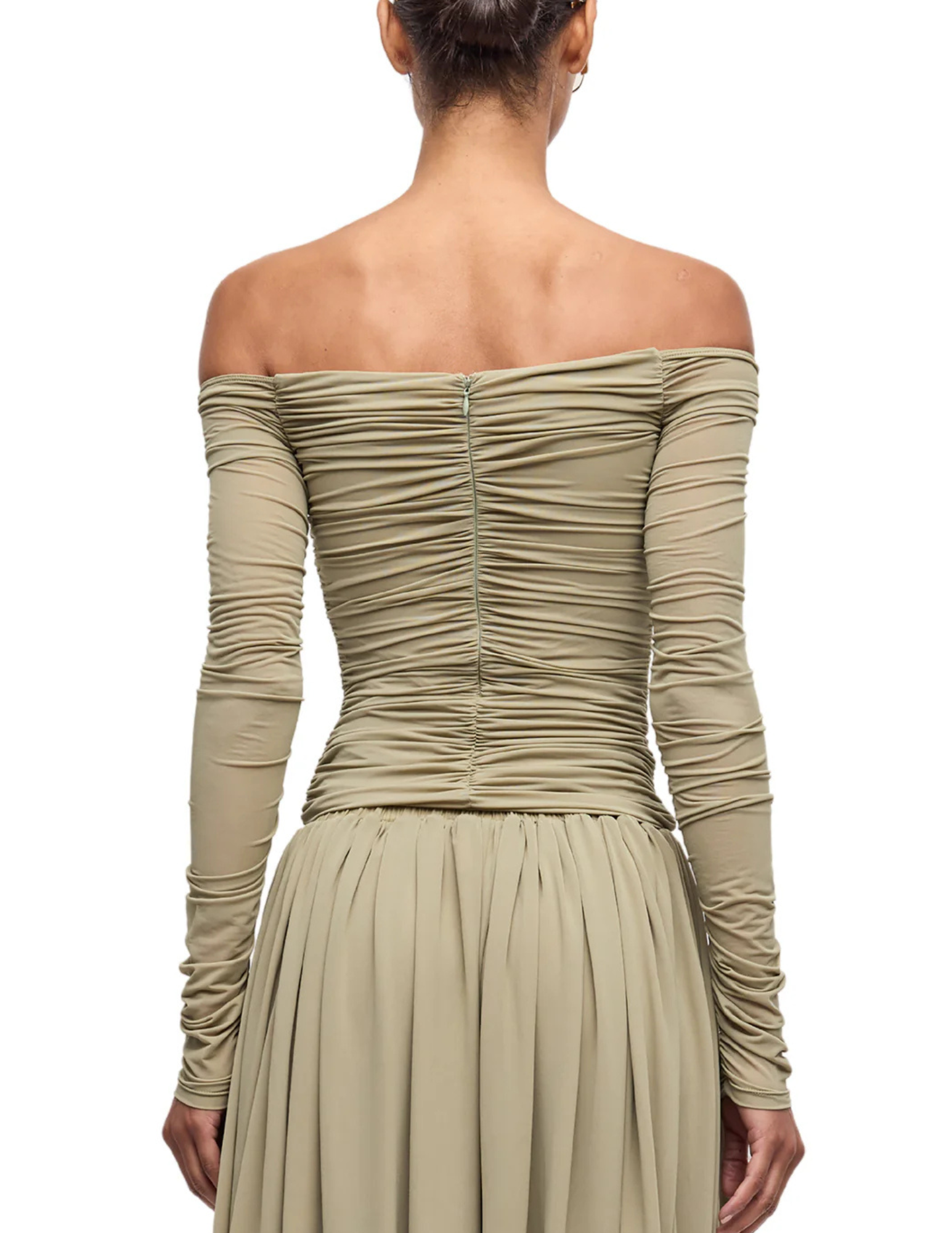 Ronny Kobo Ruby Off Shoulder Top in Elm with all-over ruching and long sleeves back view