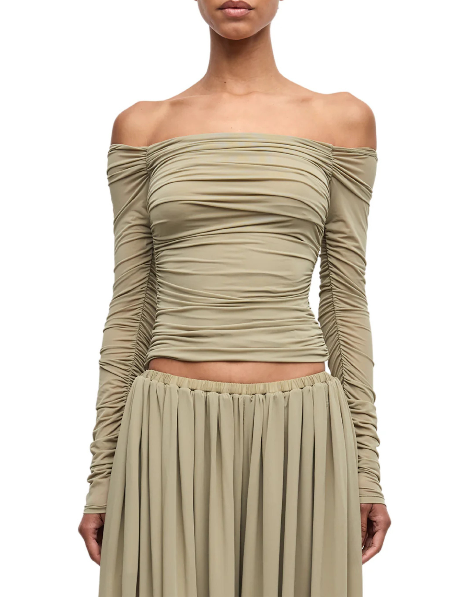 Ronny Kobo Ruby Off Shoulder Top in Elm with all-over ruching and long sleeves front view