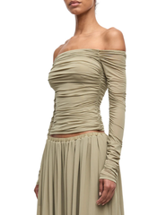 Ronny Kobo Ruby Off Shoulder Top in Elm with all-over ruching and long sleeves side view