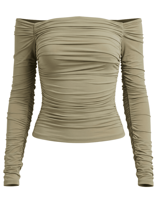 Ronny Kobo Ruby Off Shoulder Top in Elm with all-over ruching and long sleeves