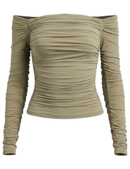 Ronny Kobo Ruby Off Shoulder Top in Elm with all-over ruching and long sleeves