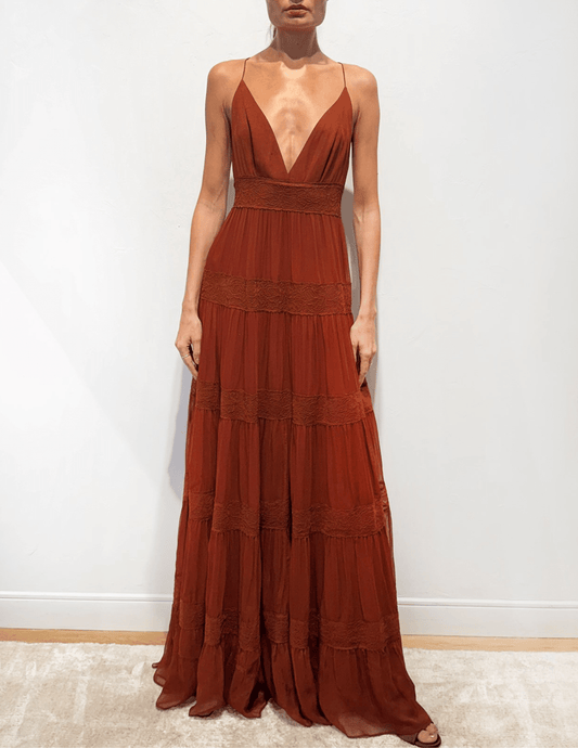 Ronny Kobo Rune V-Neck Maxi Dress in Russet