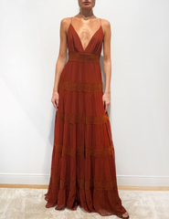 Ronny Kobo Rune V-Neck Maxi Dress in Russet
