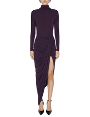 Front view of Ronny Kobo Sera Turtleneck Dress in deep purple with elegant draping and a dramatic side slit.