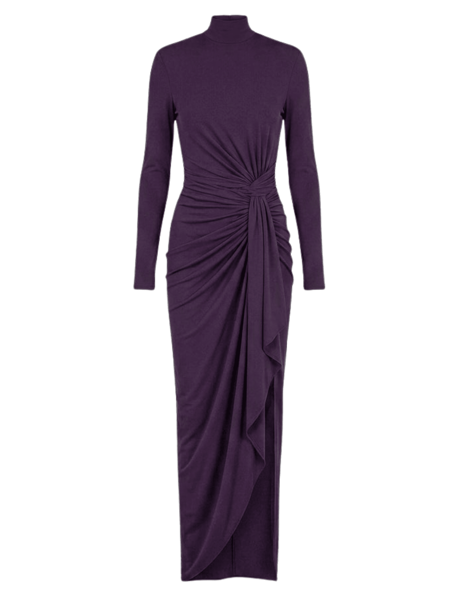 Ronny Kobo Sera Turtleneck Dress in Blackberry featuring long sleeves, gathered waist detailing and an asymmetrical hem.
