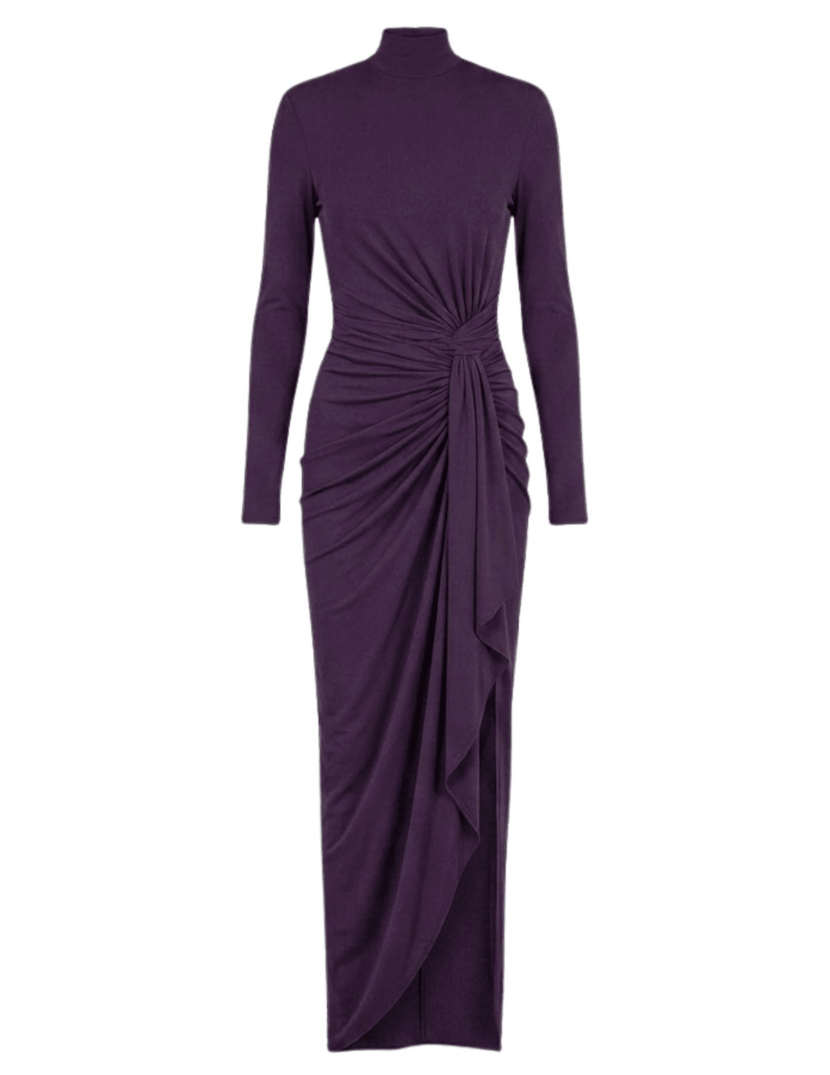 Ronny Kobo Sera Turtleneck Dress in Blackberry featuring long sleeves, gathered waist detailing and an asymmetrical hem.