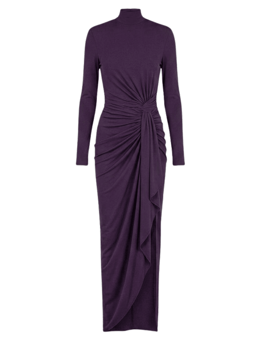 Ronny Kobo Sera Turtleneck Dress in Blackberry featuring long sleeves, gathered waist detailing and an asymmetrical hem.