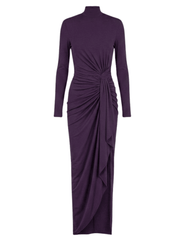 Ronny Kobo Sera Turtleneck Dress in Blackberry featuring long sleeves, gathered waist detailing and an asymmetrical hem.