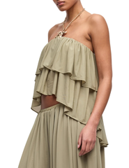 Ronny Kobo Starla Ruffle Chain Halter Top in Elm with gold-tone starfish chain detail side view