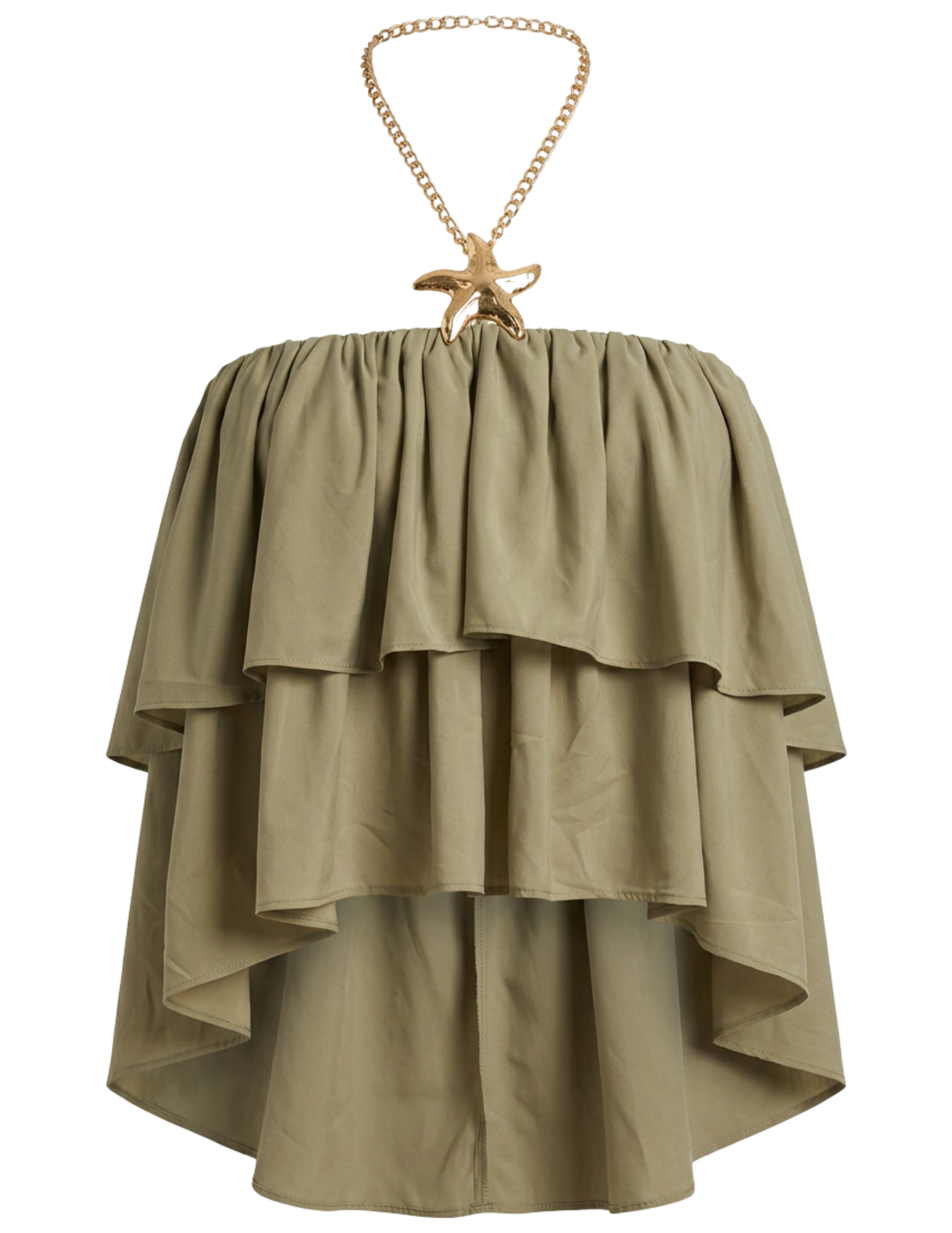 Ronny Kobo Starla Ruffle Chain Halter Top in Elm with gold-tone starfish chain detail