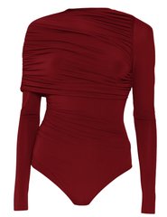 Ronny Kobo Zarina Long Sleeve Bodysuit in port red with ruched detailing