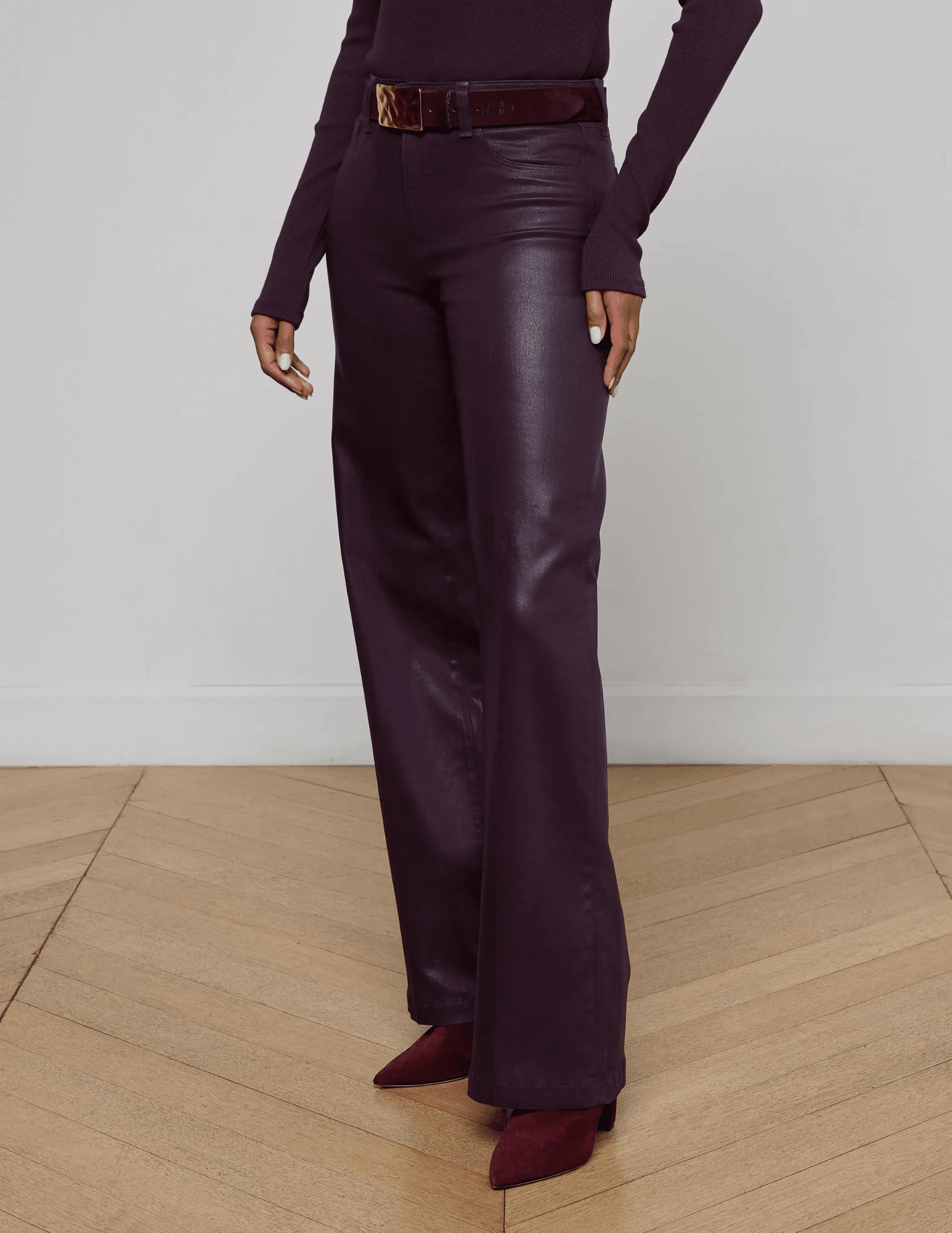 L'AGENCE Scottie Coated High Rise Wide Leg Jeans in Dark Malbec Coated