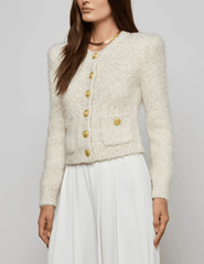 side view of L'AGENCE L'Agence Una Knit Metallic Cardigan in Ivory Gold Multi