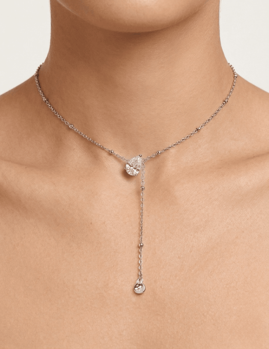 Asymmetrical lariat necklace with cubic zirconia pendant