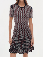 Simkhai Baylor Knit Mini Dress in cranberry multi with flared skirt and contrast trim front detail