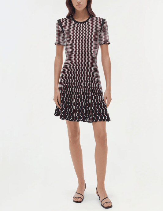 Simkhai Baylor Knit Mini Dress in cranberry multi with flared skirt and contrast trim front view