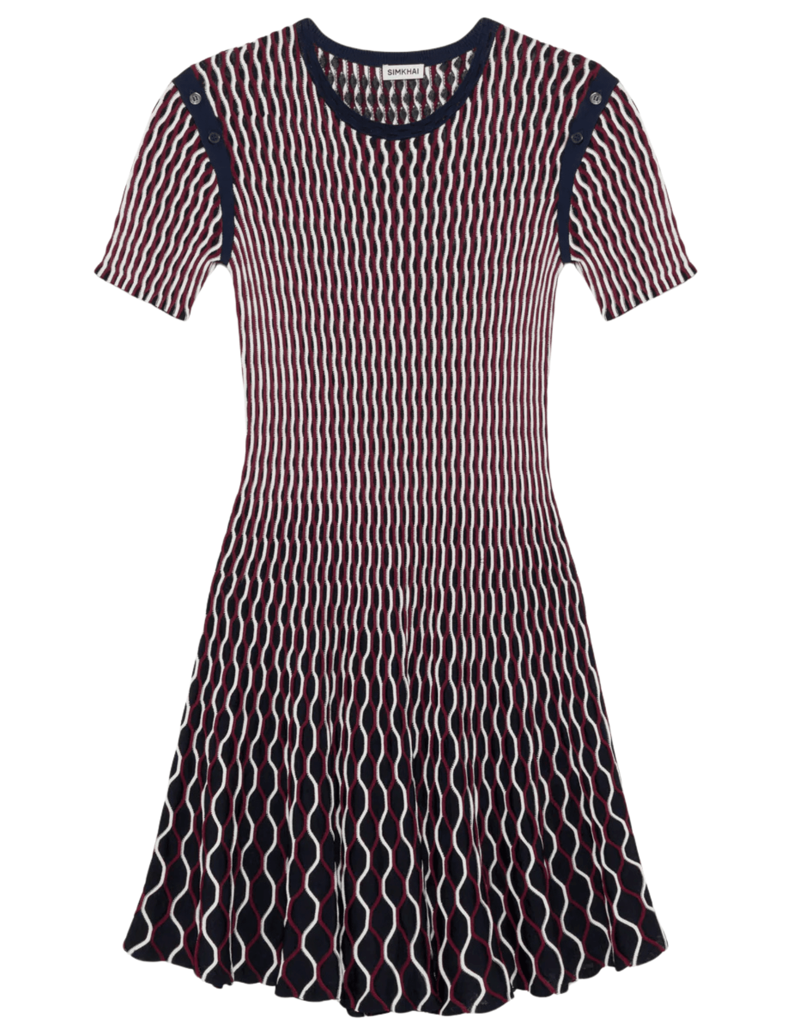 Simkhai Baylor Knit Mini Dress in cranberry multi with flared skirt and contrast trim