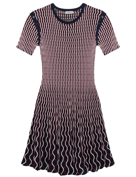 Simkhai Baylor Knit Mini Dress in cranberry multi with flared skirt and contrast trim