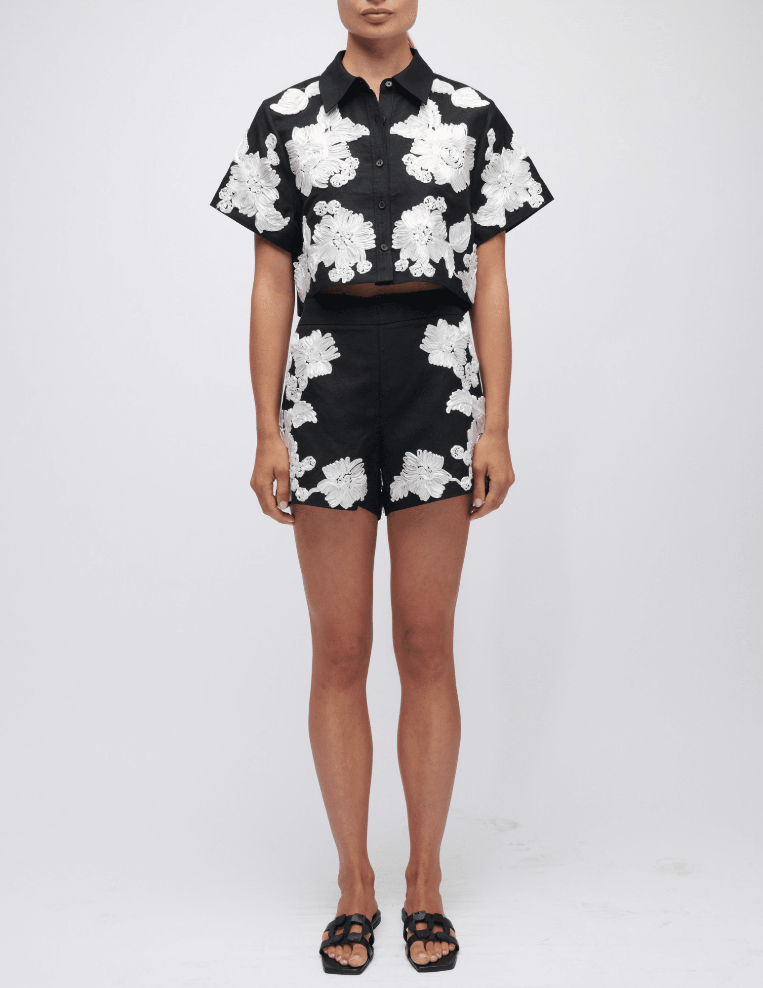 Front view of Simkhai Callie Embroidered Camp Shirt in black and white