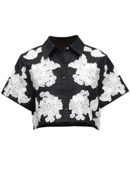 Simkhai Callie Embroidered Camp Shirt in black and white