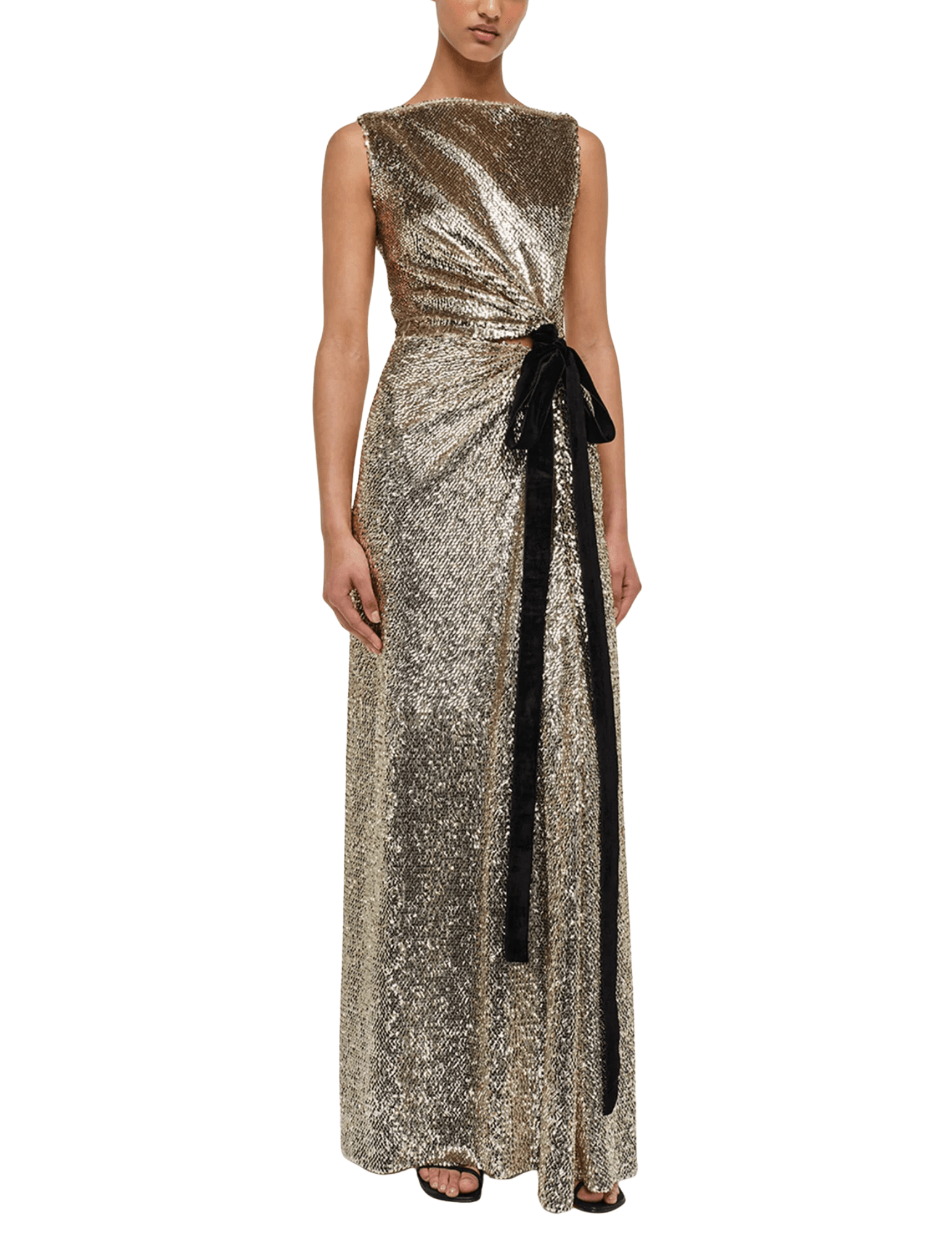 SIMKHAI Felicity Draped Sequined Gown in Gold SIMKHAI Felicity Draped Sequined Gown in Gold