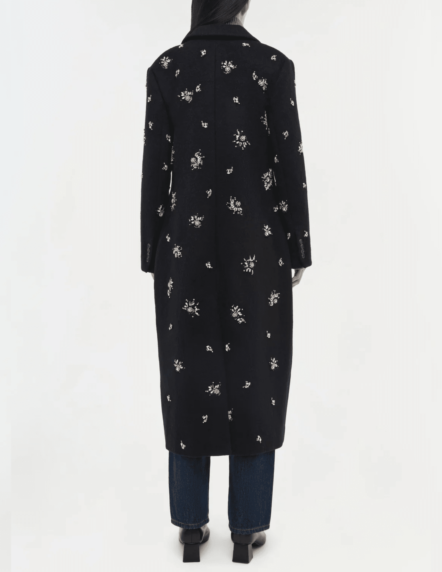 Simkhai Gianni Embellished Wool Coat in black with oversized fit and rhinestone details back view