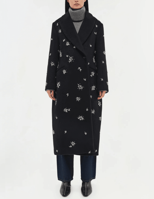 Simkhai Gianni Embellished Wool Coat in black with oversized fit and rhinestone details front view