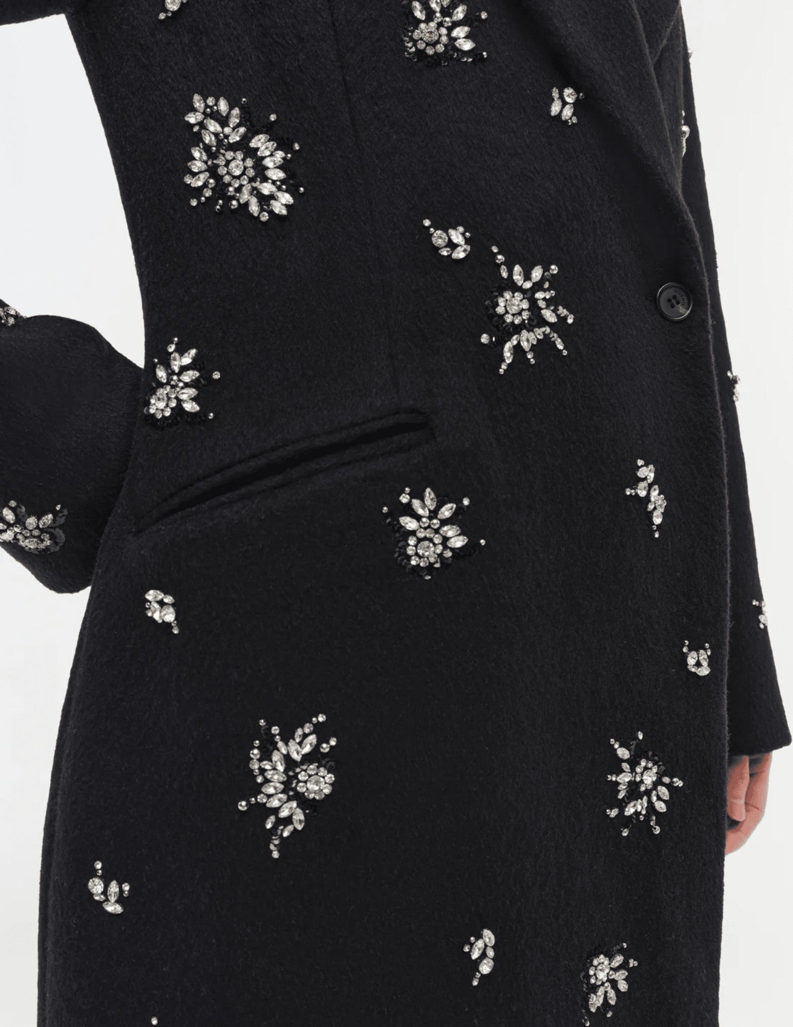 Simkhai Gianni Embellished Wool Coat in black with oversized fit and rhinestone details pocket view