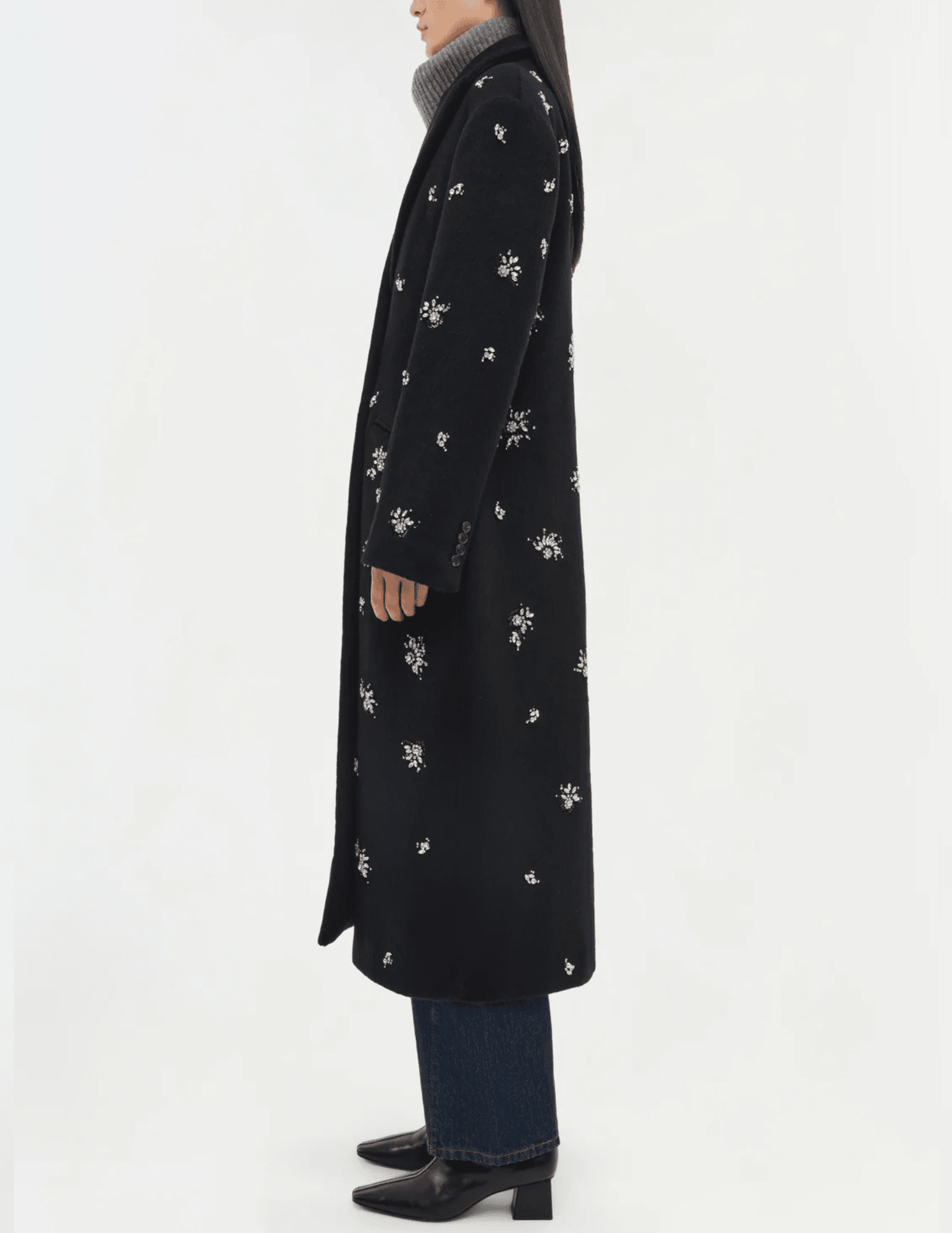 Simkhai Gianni Embellished Wool Coat in black with oversized fit and rhinestone details side view

