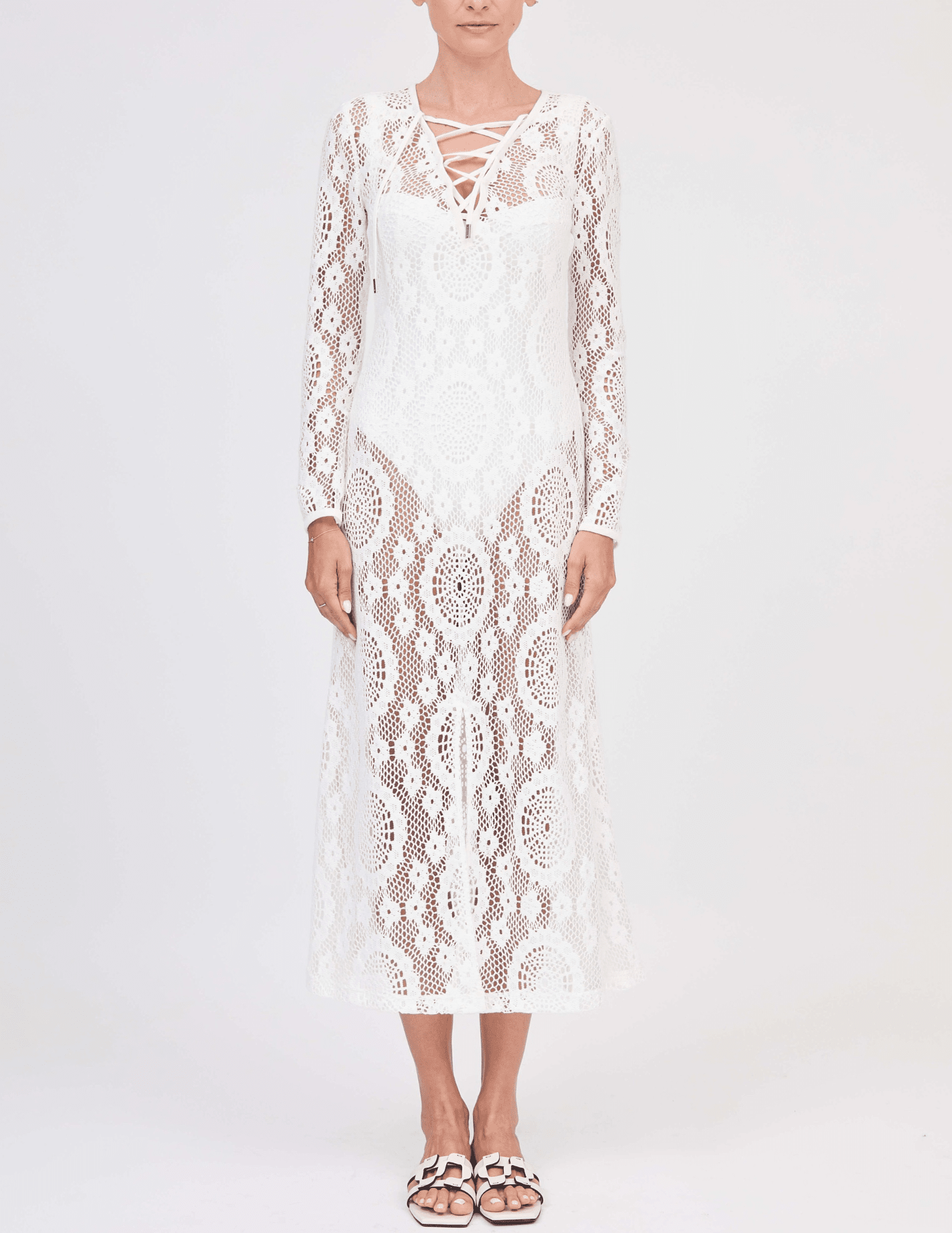 Front view of Simkhai Hawthorn Crochet Cover-Up Midi Dress in White