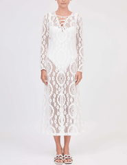 Front view of Simkhai Hawthorn Crochet Cover-Up Midi Dress in White
