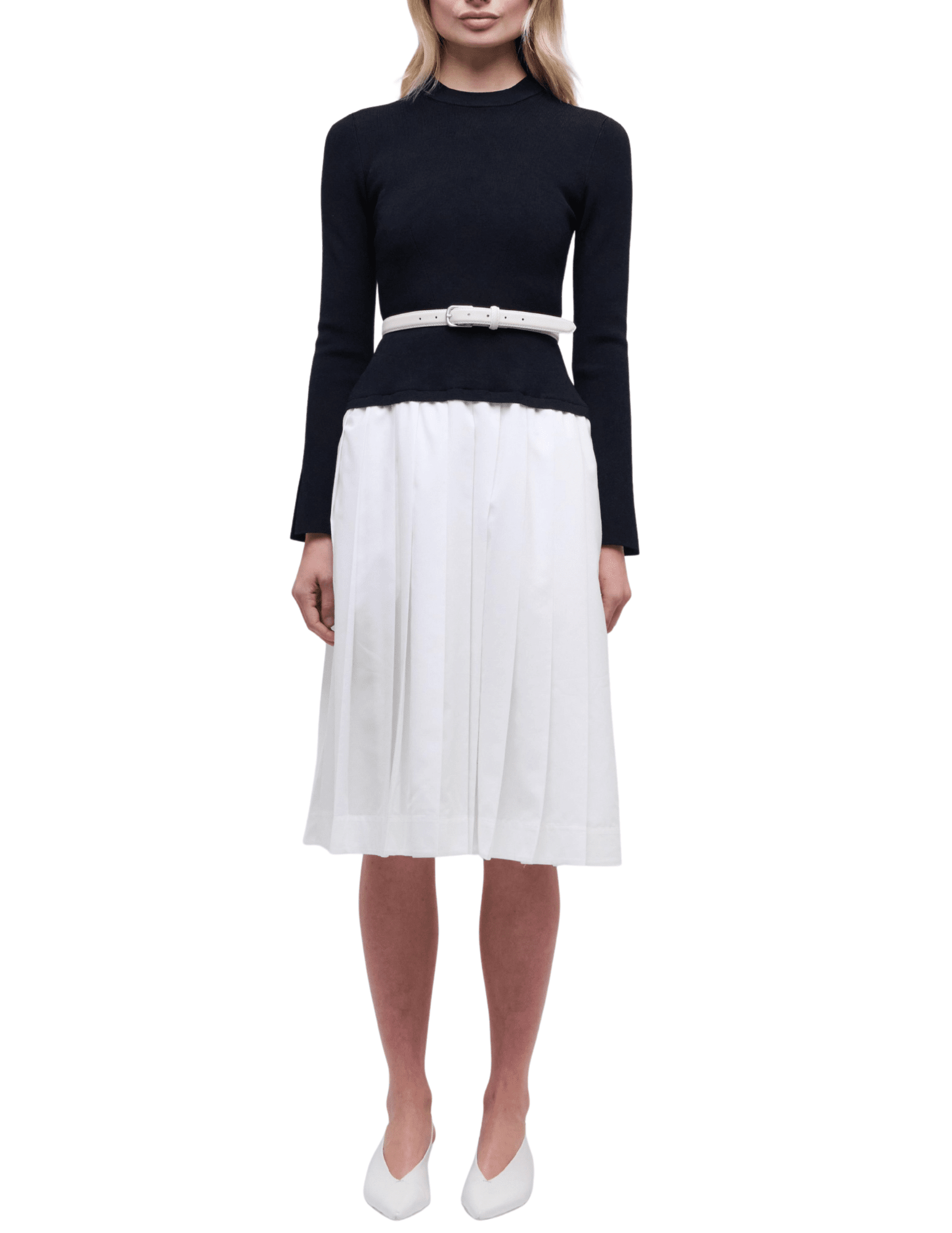 Simkhai Heather Knit Poplin Belted Dress in Black White | Designer Simkhai Heather Knit Poplin Belted Dress in Black White | Designer