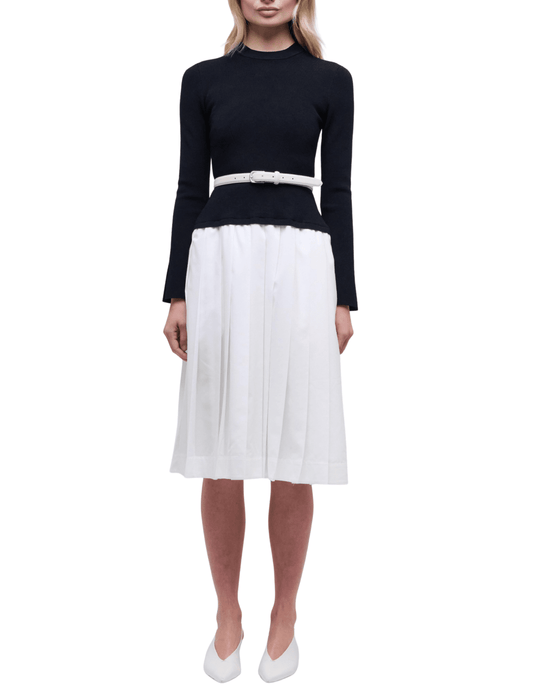 Simkhai Heather Knit Poplin Belted Dress in black and white with contrast skirt and belt front view