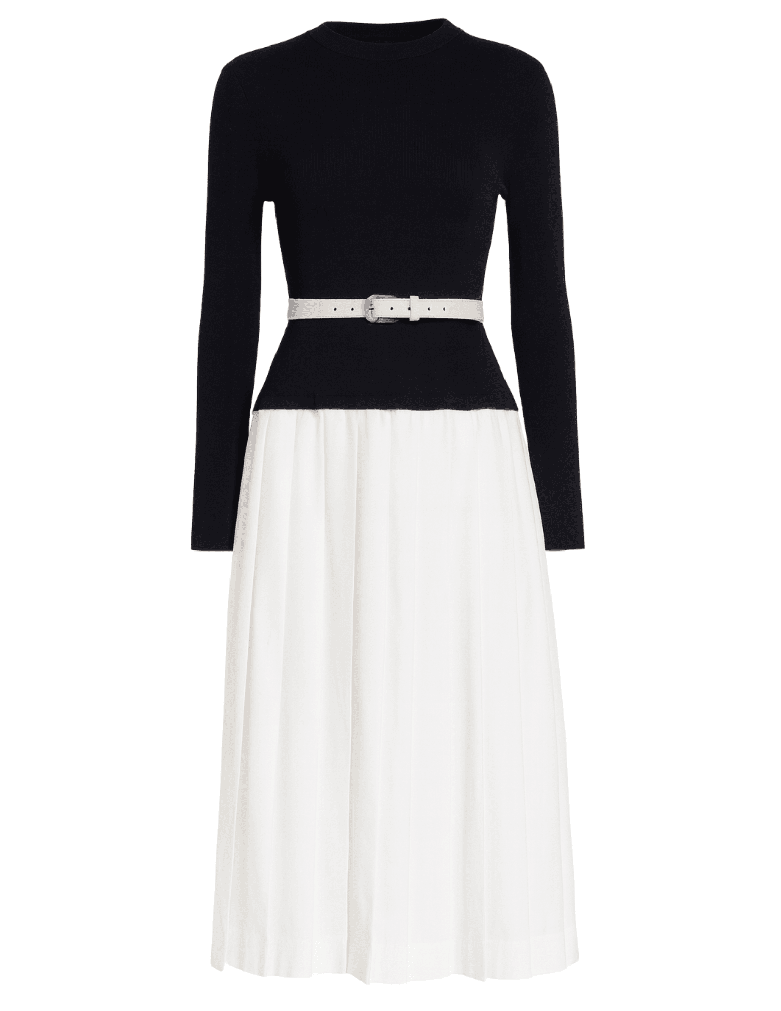 Simkhai Heather Knit Poplin Belted Dress in black and white with contrast skirt and belt